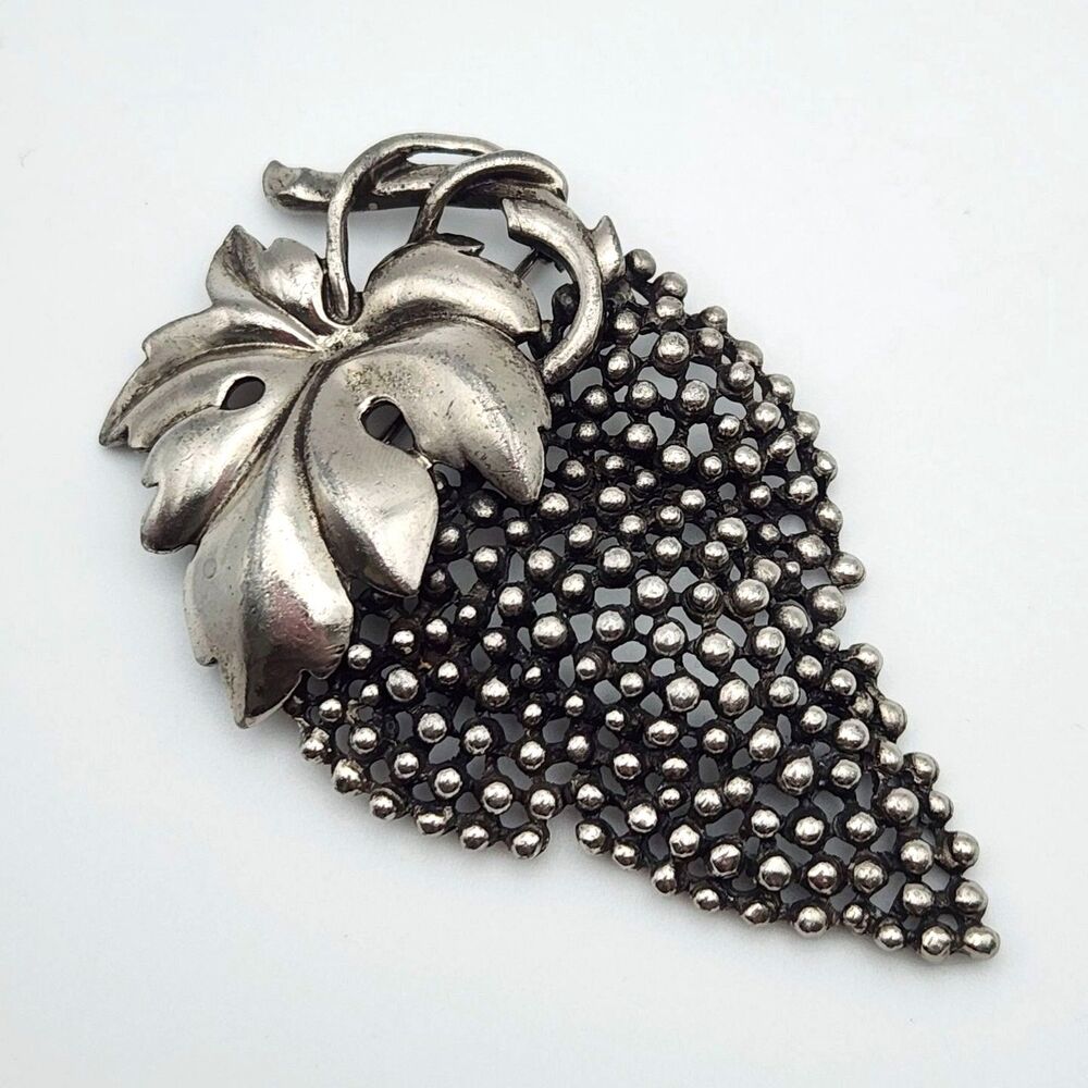 Mid Century Grape Cluster 3.5" Brooch Raised Bead Texture Oxidized Silver Tone